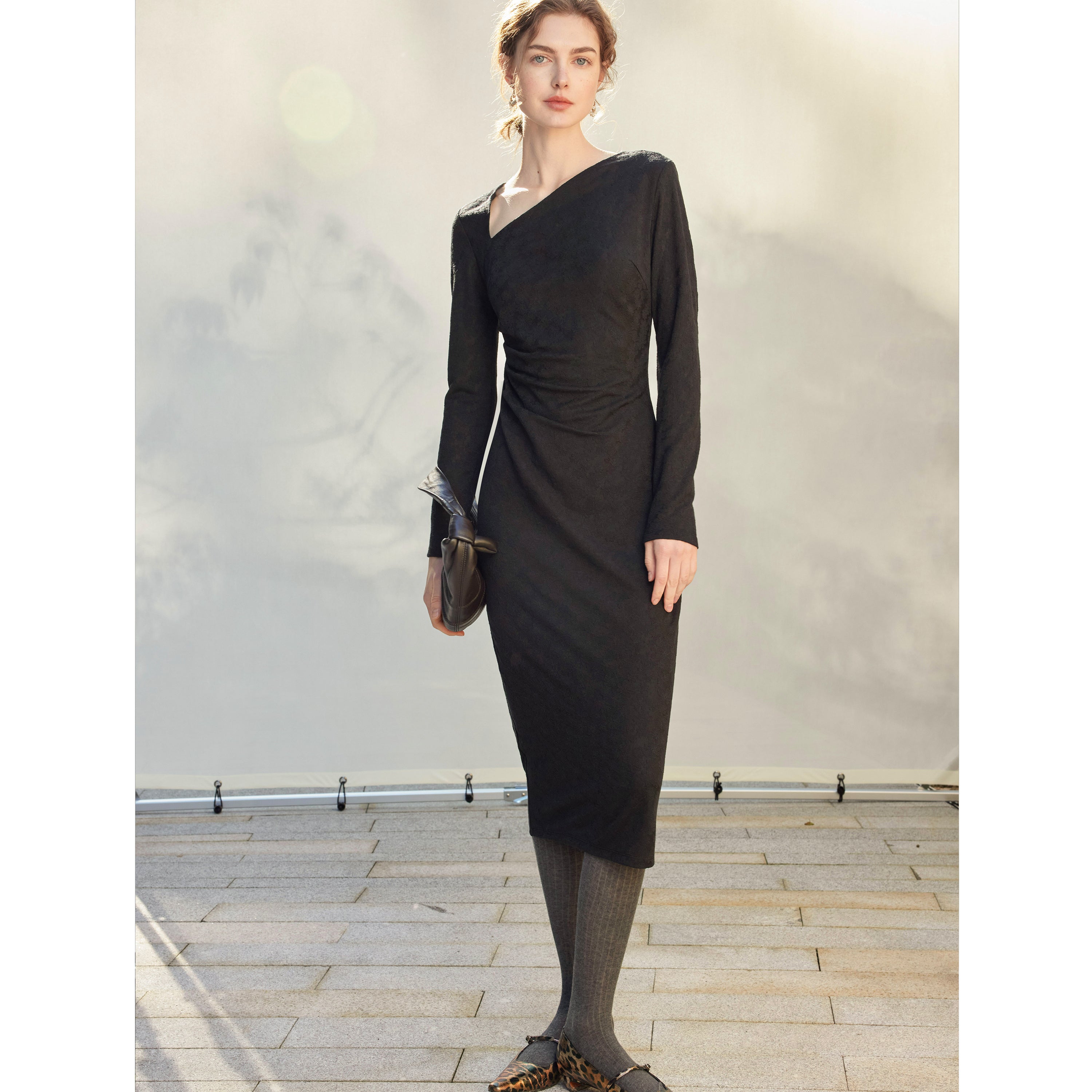 Asymmetric Ruched Floral Jacquard Knit Dress – Mix Selection