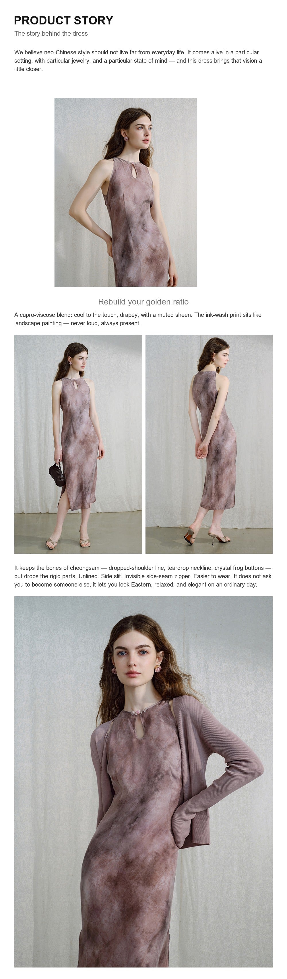 The Smoke Purple Ink-Wash Cheongsam Midi Dress