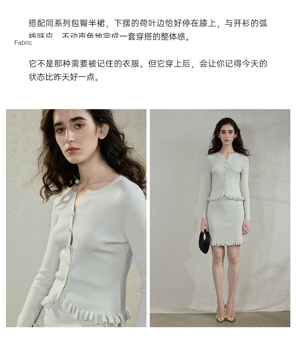 Cloud Dance White Ruffle-Hem Wool Blend Cardigan & Mini Skirt Set